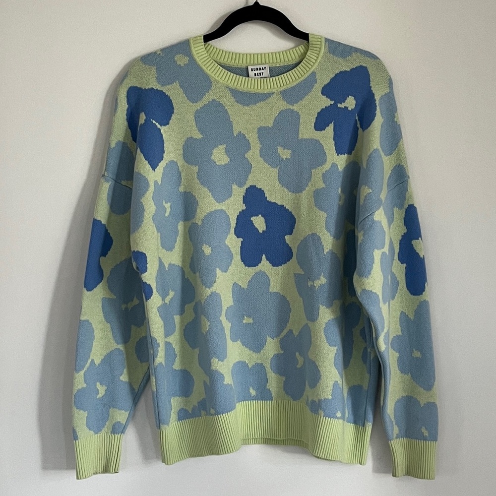 Sunday Best Blue and Green Floral Knit Oversized Sweater